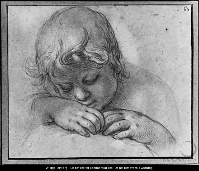 The Head of a Putto looking down, his head on his hands - Abraham Bloemaert