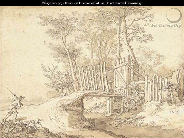 A peasant approaching a bridge over a stream, a wood beyond - Abraham Bloemaert