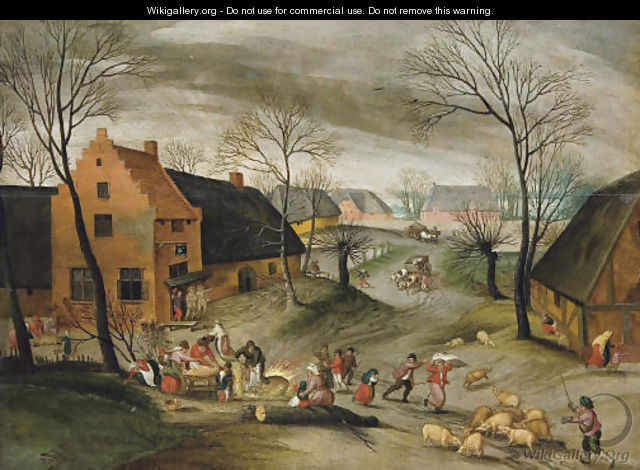 A wooded winter village landscape with peasants slaughtering pigs - Abel Grimmer