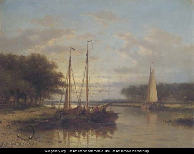 Sailing vessels on a calm river at dusk - Abraham Hulk Jun.