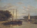 Sailing vessels on a calm river at dusk - Abraham Hulk Jun.