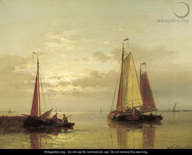 Sailing vessels near a jetty at dusk - Abraham Hulk Jun.
