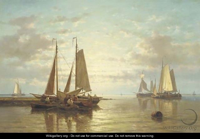 A calm sailing vessels in an estuary at dusk - Abraham Hulk Jun.