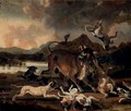 Hounds attacking a bull in a river landscape - Abraham Danielsz Hondius