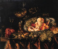 Peaches, grapes, apricots, a fig and a plum in a wan-li - dish, a bun, grapes, a fob-watch, a shrimp, hazelnuts, plums and sweetmeat on a puntschotel - Abraham Hendrickz Van Beyeren