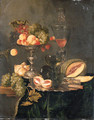 Nectarines, peaches, grapes and raspberries on a silver tazza, two roemers and a sliced peach with a knife on a silver plate, a melon, a bread roll - Abraham Hendrickz Van Beyeren