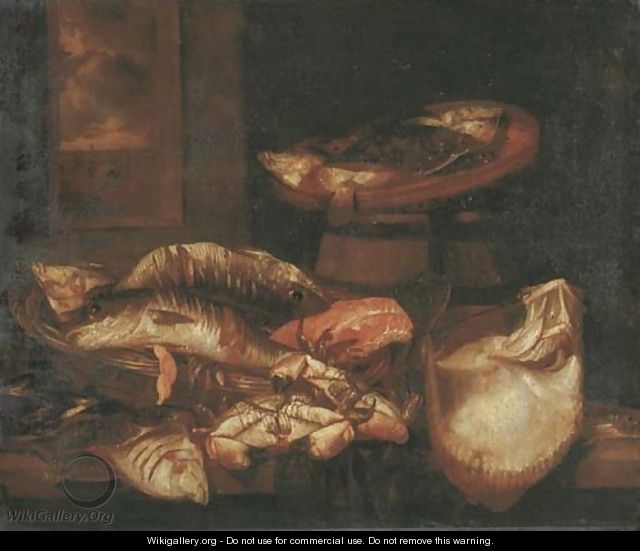 A ray, a salmon steak, crabs and other fish in a basket on a wooden ledge before a window - Abraham Hendrickz Van Beyeren