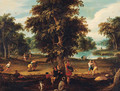 Peasants making music and disporting in a wooded river landscape - Abraham Govaerts