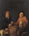 Boors drinking and smoking at a barrel - Abraham Diepraam