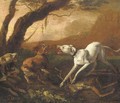 Dogs fighting ovar a dead stag in a landscape - Abraham Danielsz. Hondius