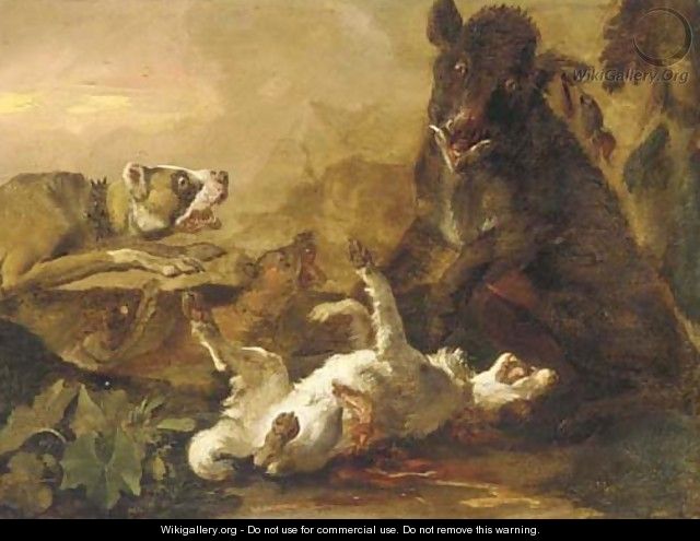 Dogs attacking a boar in a landscape - Abraham Danielsz. Hondius