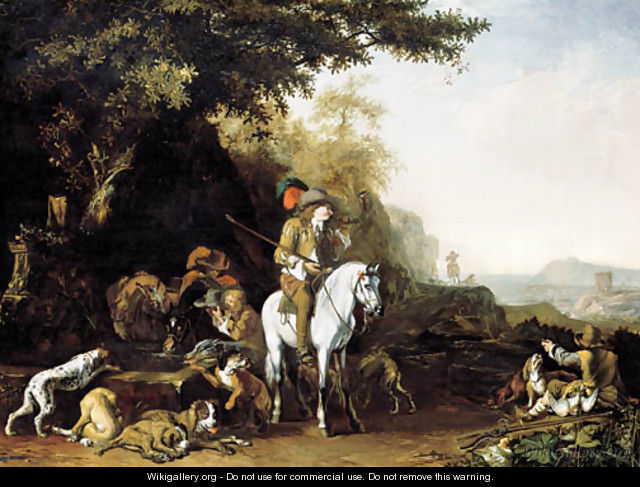 An extensive landscape with a hunting party resting by a water trough and a sportsman shooting - Abraham Danielsz. Hondius