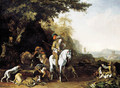 An extensive landscape with a hunting party resting by a water trough and a sportsman shooting - Abraham Danielsz. Hondius