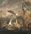 An evening landscape with dogs flushing a heron among Italianate ruins - Abraham Danielsz. Hondius