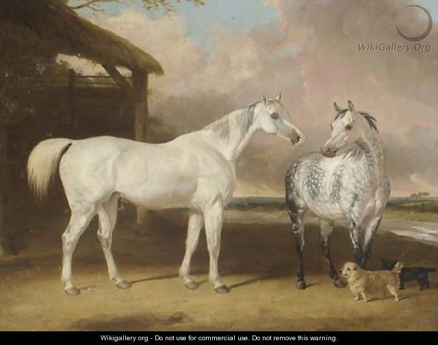 Hunters And Terriers By A Barn, In A River Landscape - Abraham Cooper