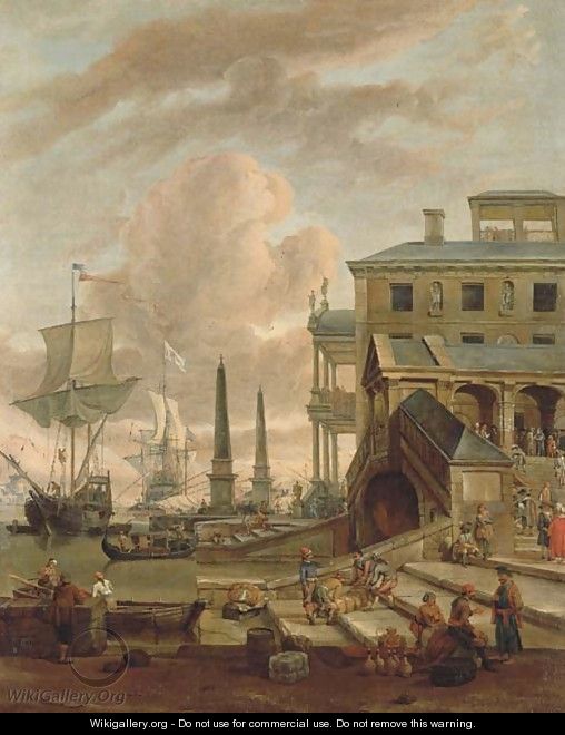 A capriccio of a Mediterranean harbour with stevedores, orientals and elegant figures, with shipping beyond - Abraham Storck