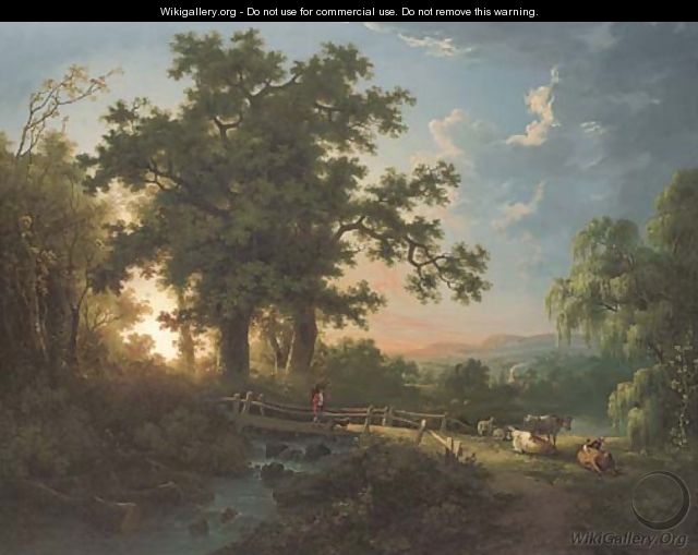A wooded river landscape, with a faggot gatherer on a bridge, cattle and sheep - Abraham Pether