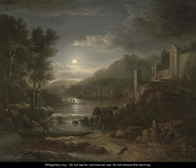 Fishermen along a river by moonlight - Abraham Pether