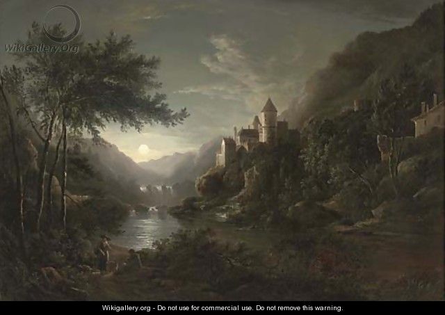 Figures beside a moonlit river with a castle on a hillside - Abraham Pether