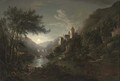 Figures beside a moonlit river with a castle on a hillside - Abraham Pether