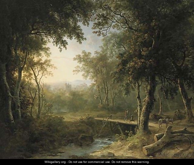 A figure on a bridge before a village at dusk - Abraham Pether