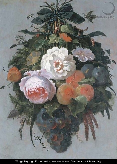 A swag of fruit and flowers hanging from a nail - Abraham Mignon