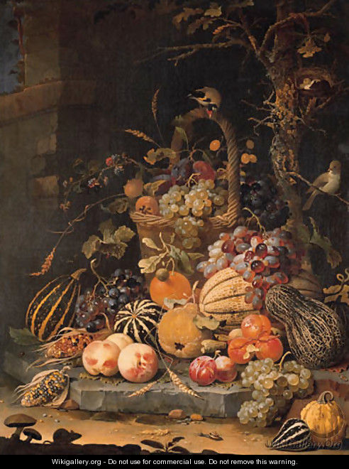 A forest floor still life with grapes, plums, rosehips, blackberries and ears of corn in a basket, with peaches, melons and corn cobs on a stone slab - Abraham Mignon