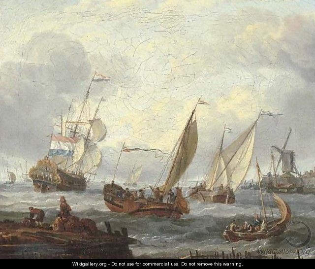 Wijdschepen setting out from a harbour by a windmill with fishermen on a jetty nearby, a man-o
