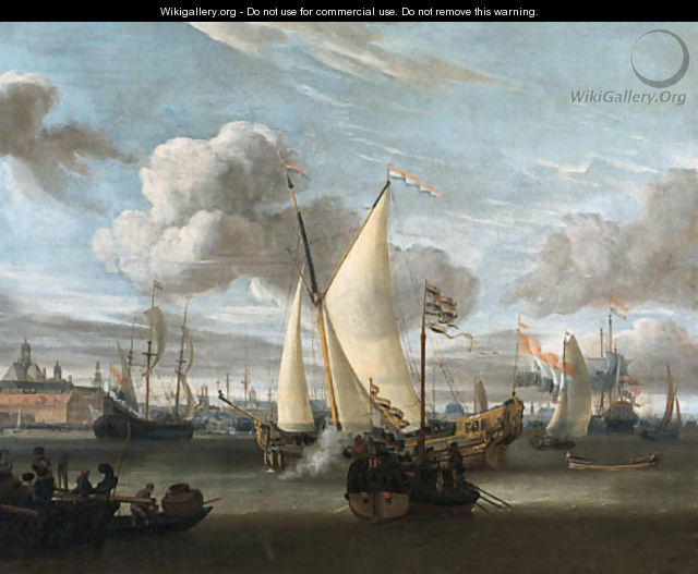 Shipping in the Harbour of Amsterdam with a Dutch East India Company yacht and a state barge in the foreground - Abraham Storck