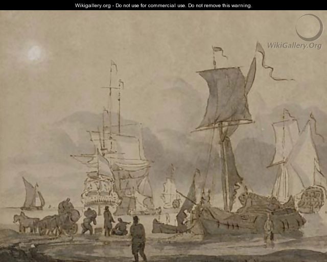 Figures loading a lighter on a beach, a fleet at anchor beyond - Abraham Storck