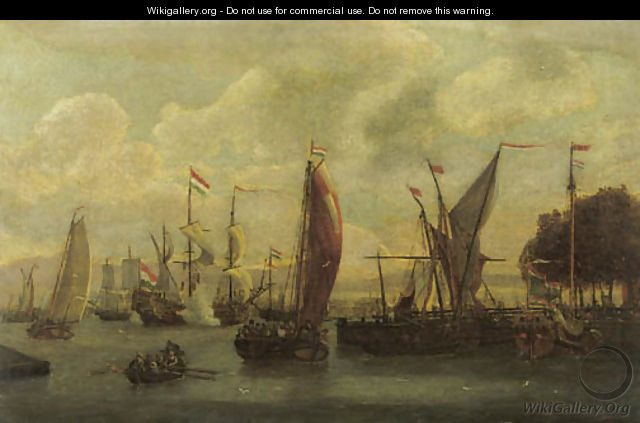 A view of the IJ, Amsterdam with a threemaster firing a salute and a State-yacht moored by a jetty - Abraham Storck
