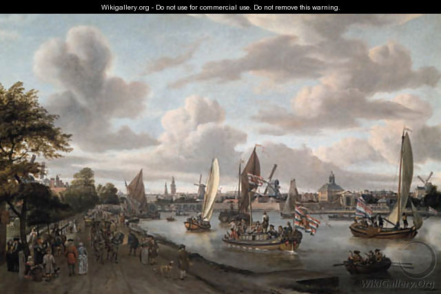 A View of Amsterdam with a trekschuit and smalschepen on the river Buiten-Amstel near the hooge sluis, with elegant figures - Abraham Storck