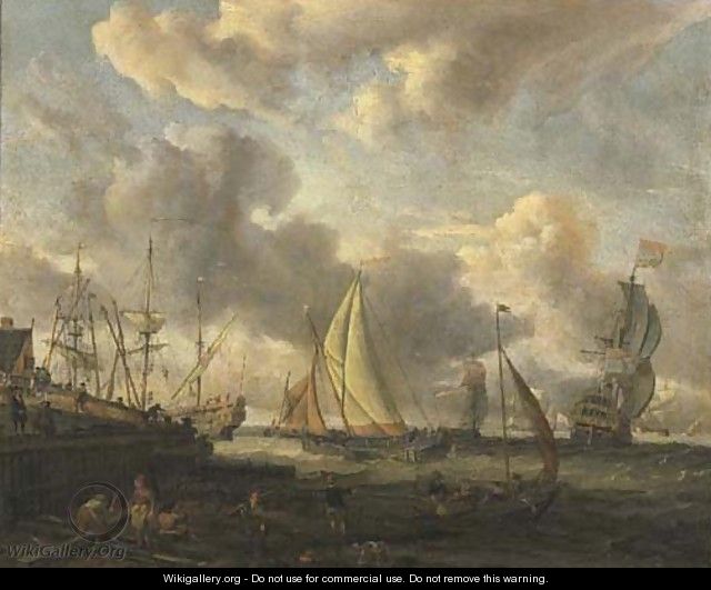 A seascape with a Dutch shipping yard near a port - Abraham Storck