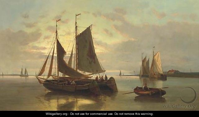 Barges on the Scheldt at dusk - Abraham Hulk Snr