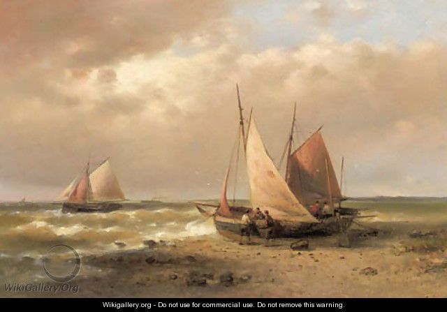 Sailors standing by a beached sailingvessel - Abraham Hulk Snr