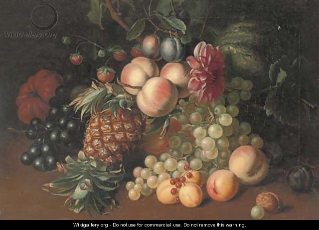 Still life of grapes, peaches, strawberries, a melon, pumpkin, pineapple, with an acorn to the side - Arthur Charles Dodd