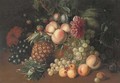Still life of grapes, peaches, strawberries, a melon, pumpkin, pineapple, with an acorn to the side - Arthur Charles Dodd