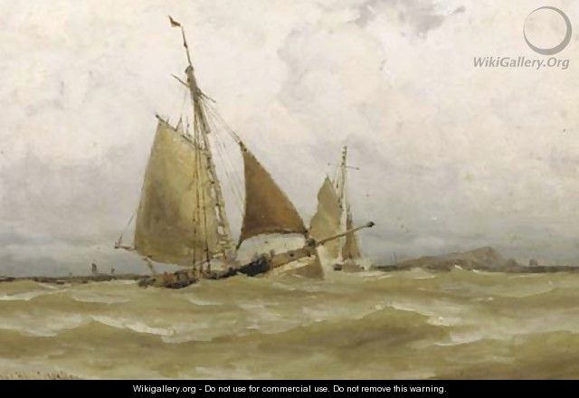 In full sail by a coastline - Jacob Huijbrecht Hollestelle