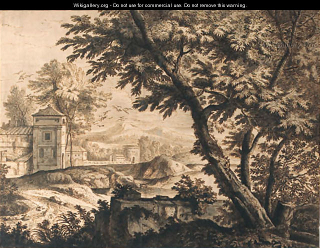 Trees by a ruined wall near a dovecote by a cloister - (after) Isaac De Moucheron