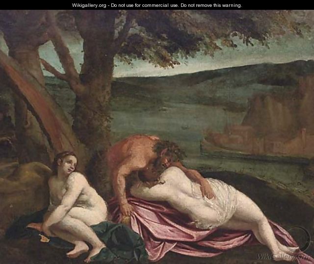 Two nymphs with a satyr on a river bank - (after) Ippolito Scarsella (see Scarsellino)