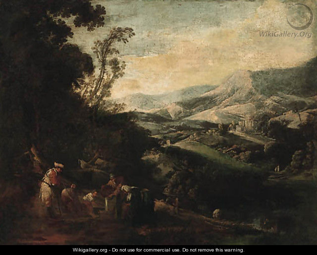 A mountainous Landscape with Peasants drawing Water from a Well - (after) Ignacio De Iriarte