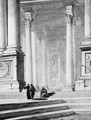Three figures disputing under a classical portico - (after) Hubert Robert