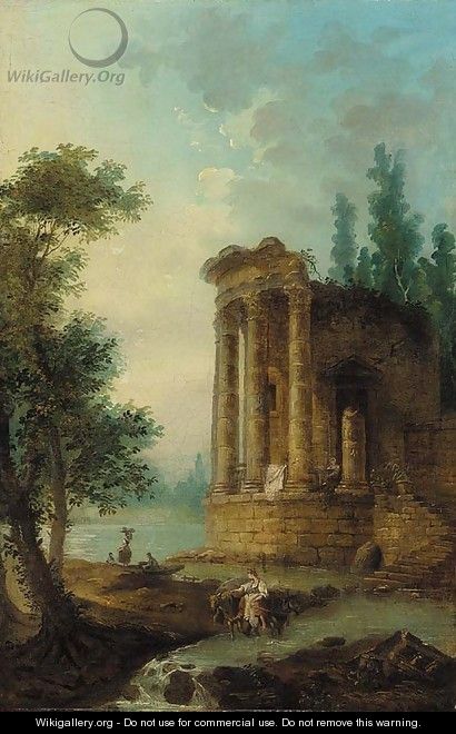 A wooded river landscape with figures by a classical ruin - (after) Hubert Robert