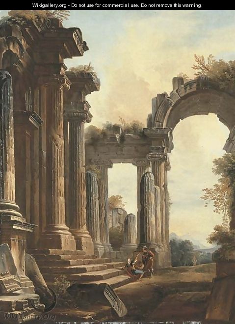 A capriccio of classical ruins with three men conversing at the steps of a temple, a landscape beyond - (after) Hubert Robert