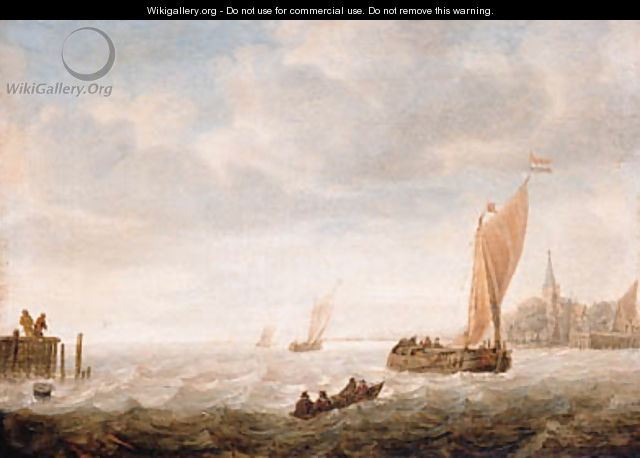 A wijdschip before the wind approaching a harbour - (after) Hieronymus Van Diest