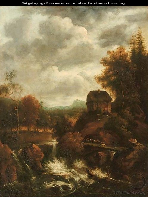 A wooded river landscape with a waterfall and a shepherd with his flock crossing a bridge, a cottage nearby - (follower of) Ruisdael, Jacob I. van