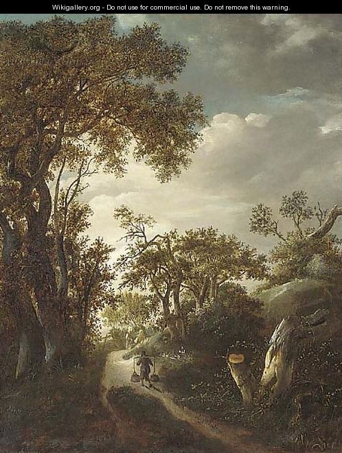 A wooded landscape with a man carrying water on a track, two figures near a gate beyond - (follower of) Ruisdael, Jacob I. van