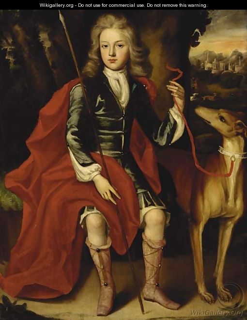 Portrait of a young huntsman, seated full-length, in a blue coat with a crimson wrap, holding a spear, a hound at his side - (after) Huysmans, Jacob