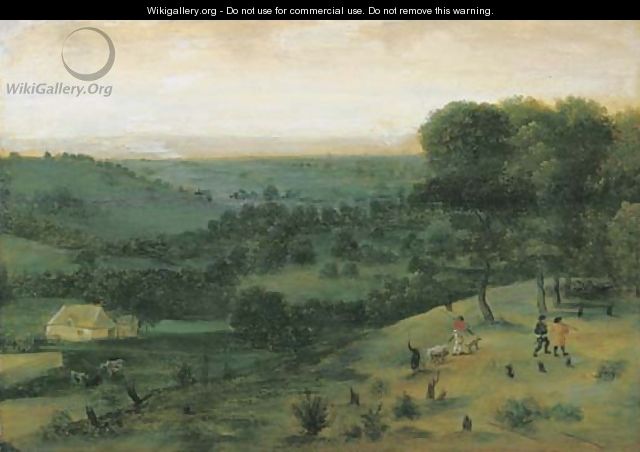 An extensive wooded landscape with huntsmen, a peasant and cattle in the distance - (after) Jacob Grimmer