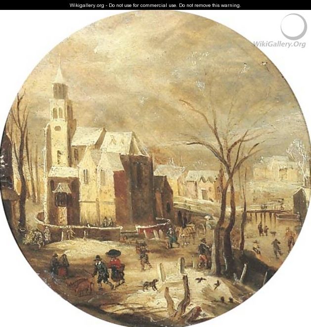 A winter landscape with skaters on a frozen waterway by a castle, peasants returning from market nearby - (after) Jacob Grimmer